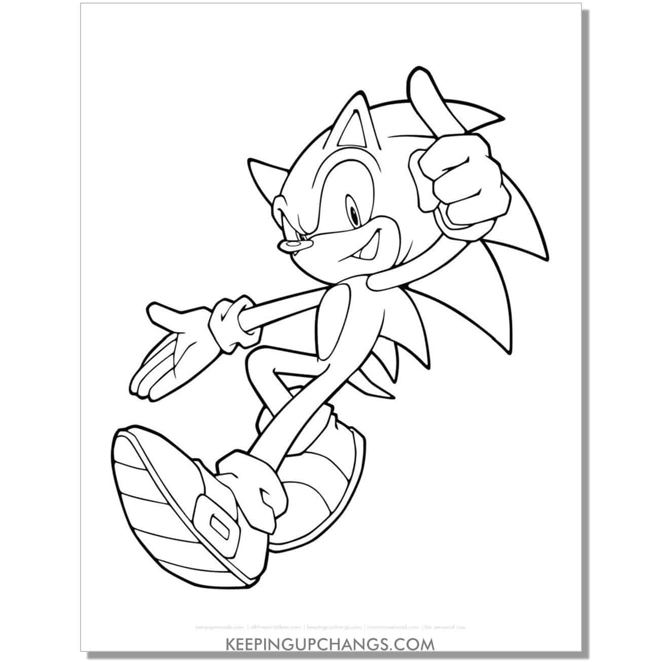 sonic leaning back with one hand out and other pointing coloring page.