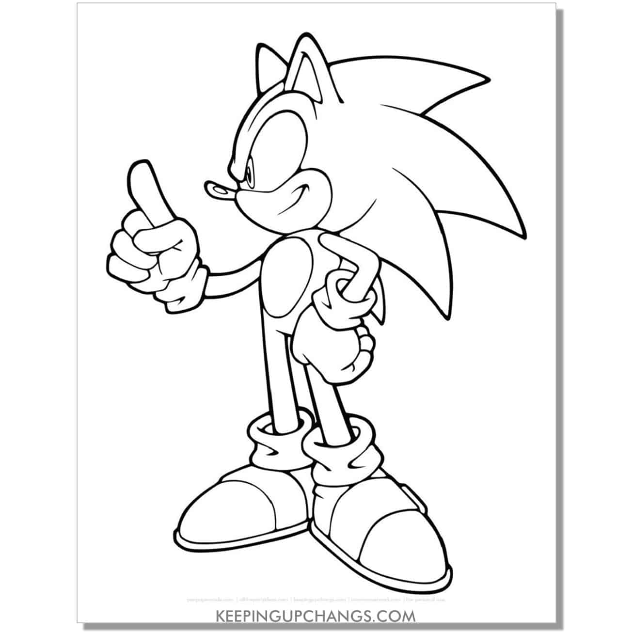 sonic with one arm on hip and other with index finger pointing coloring page.