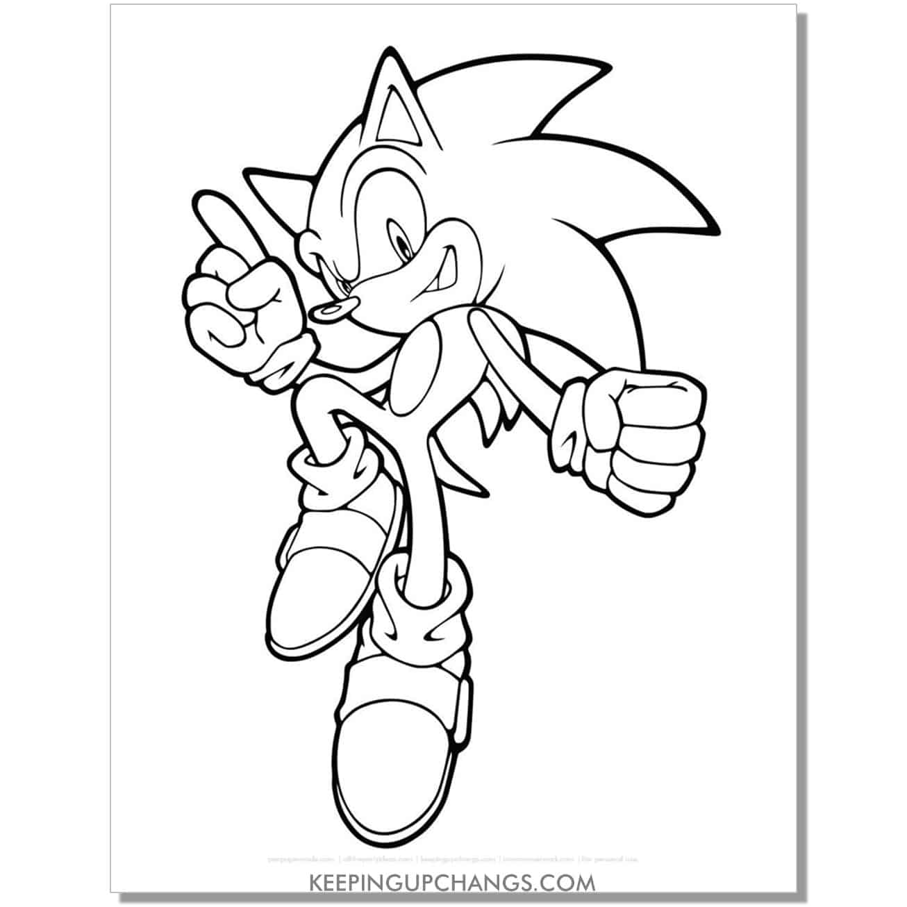 sonic with leg up and one arm up coloring page.