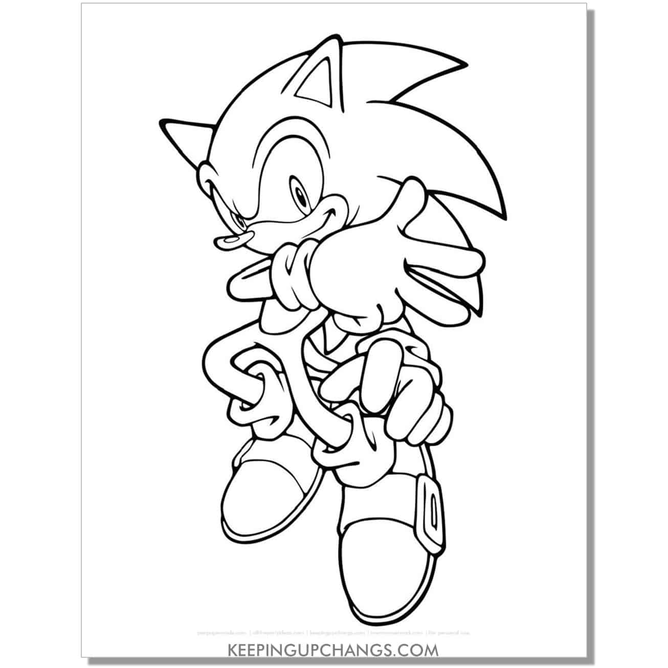 sonic with arm in front, thumb, index, and middle finger out coloring page.