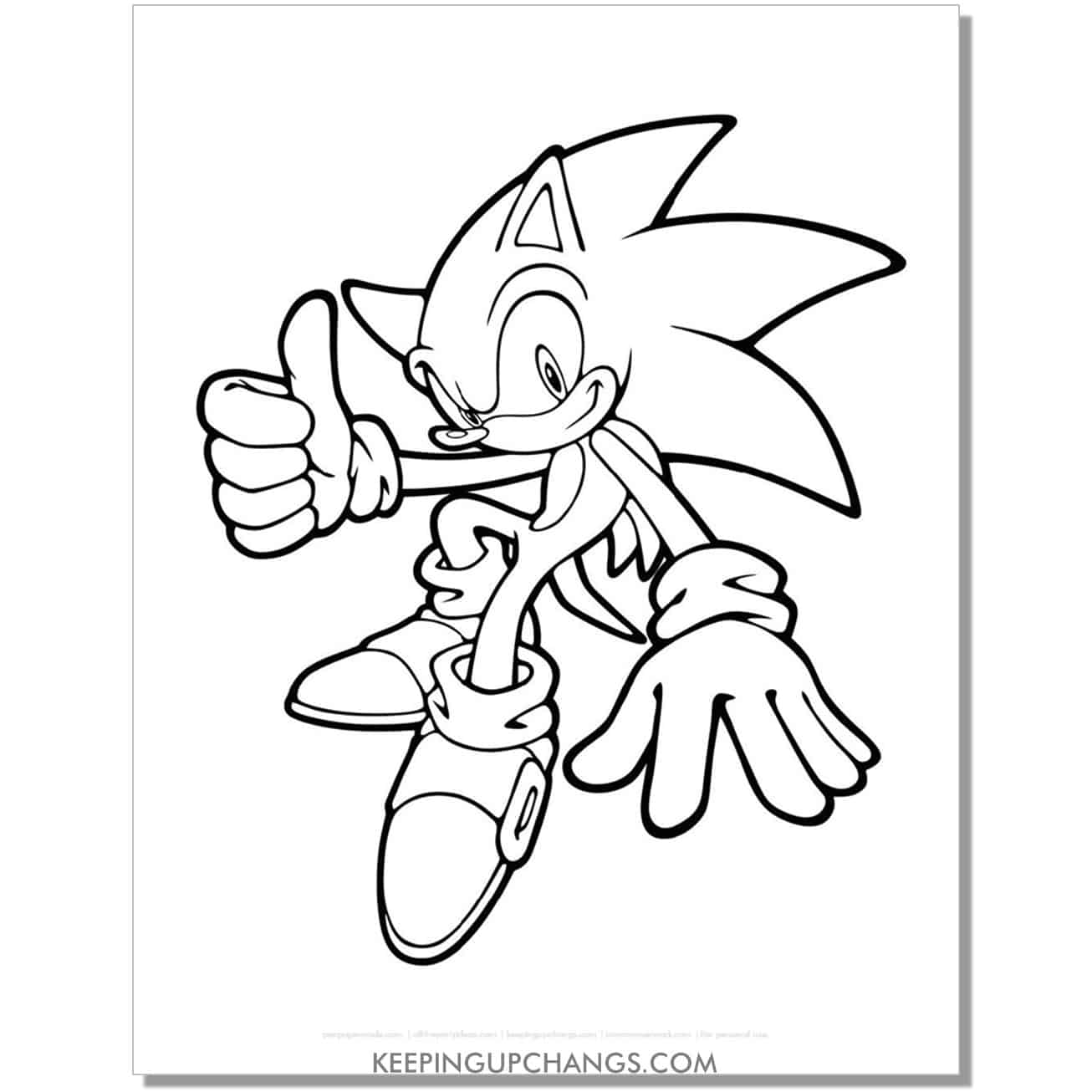 sonic leaning back with thumbs up coloring page.