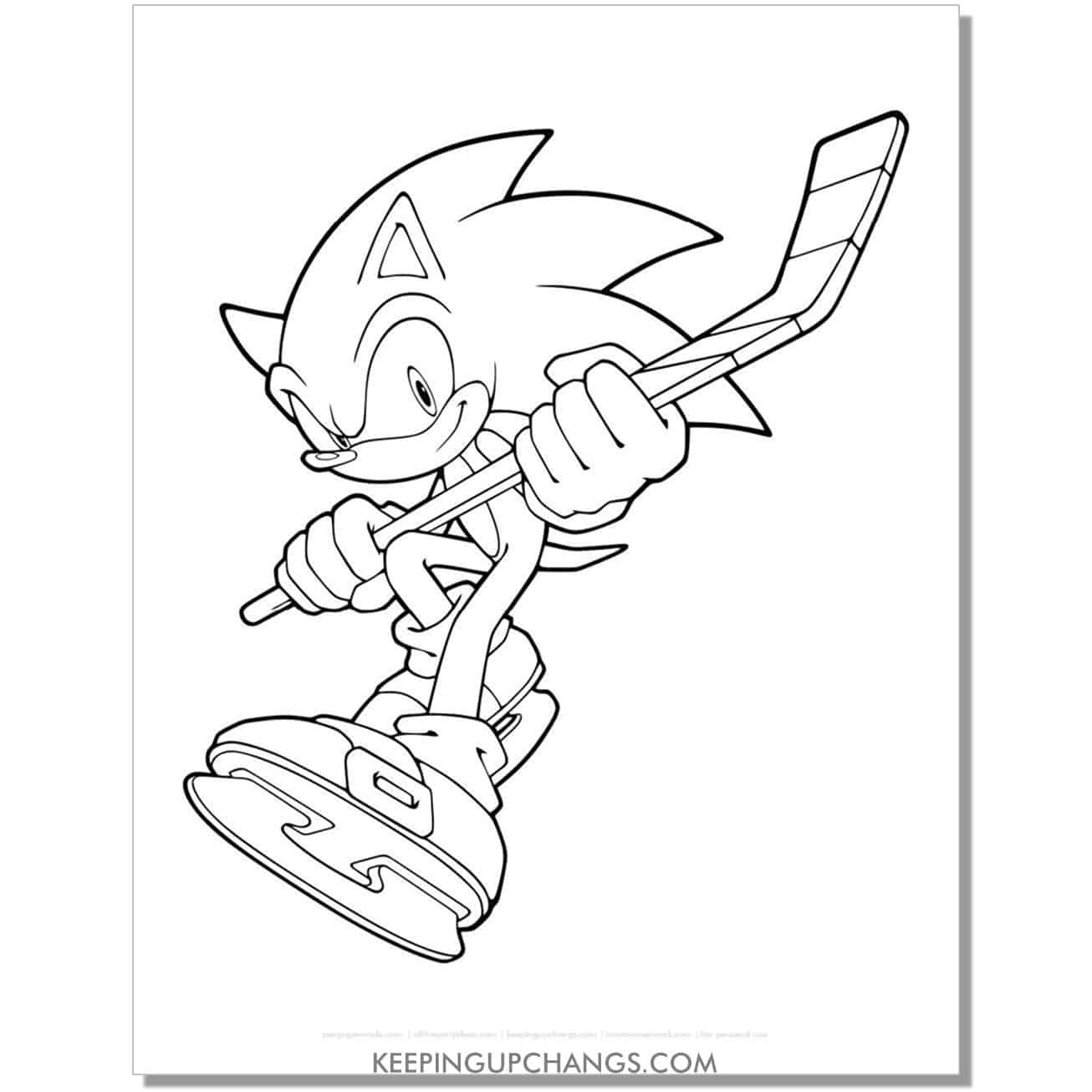 sonic with hockey stick and ice skates coloring page.