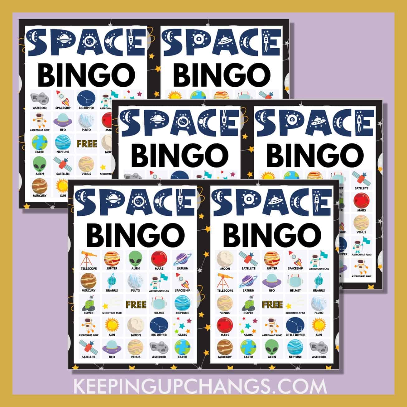free outer space bingo 5x5 game cards.