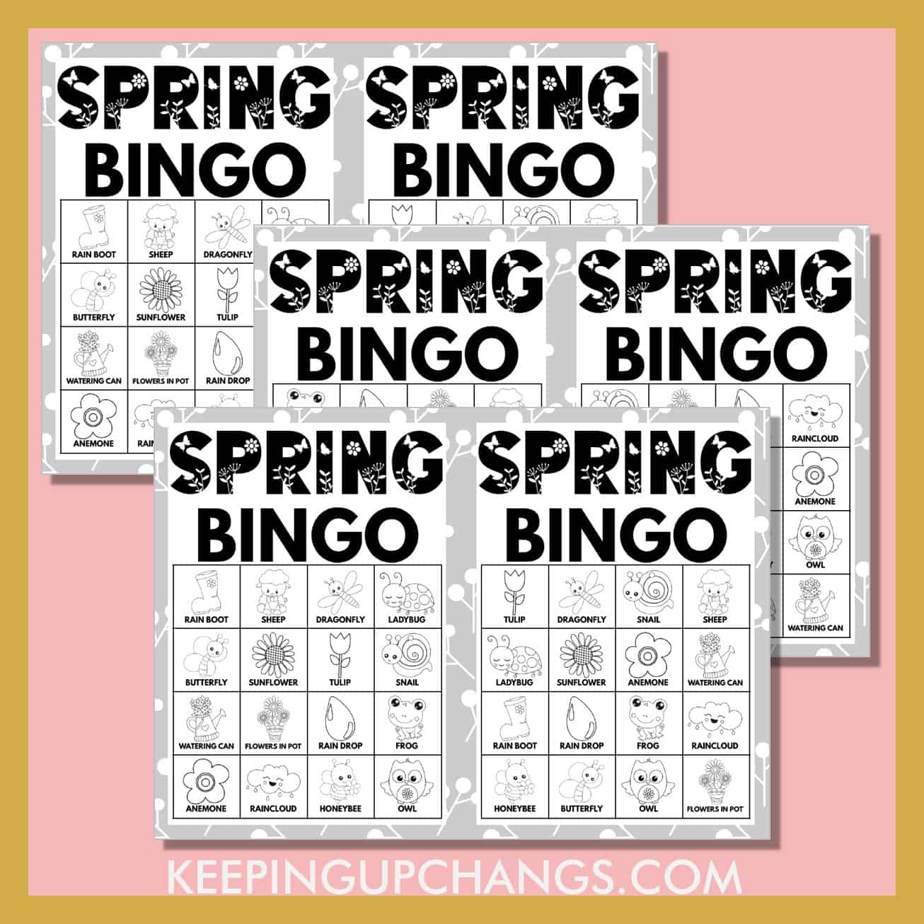 free black, white spring bingo 4x4 game cards.