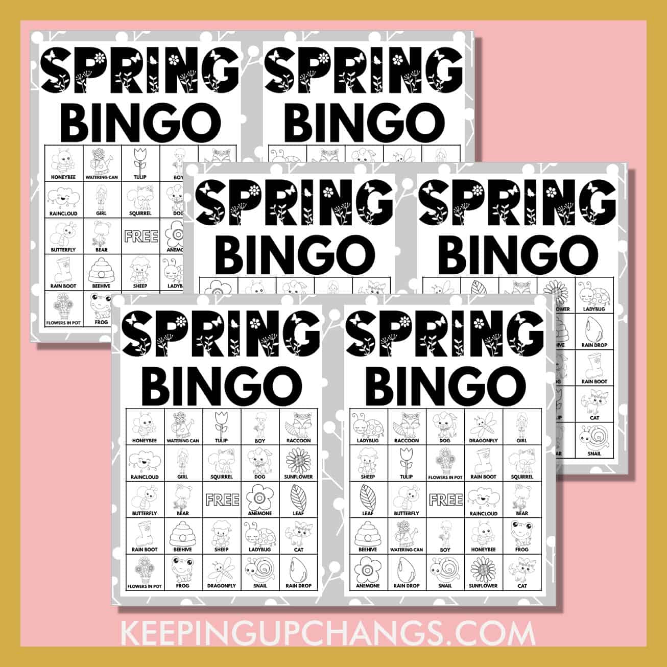 free black, white spring bingo 5x5 game cards.