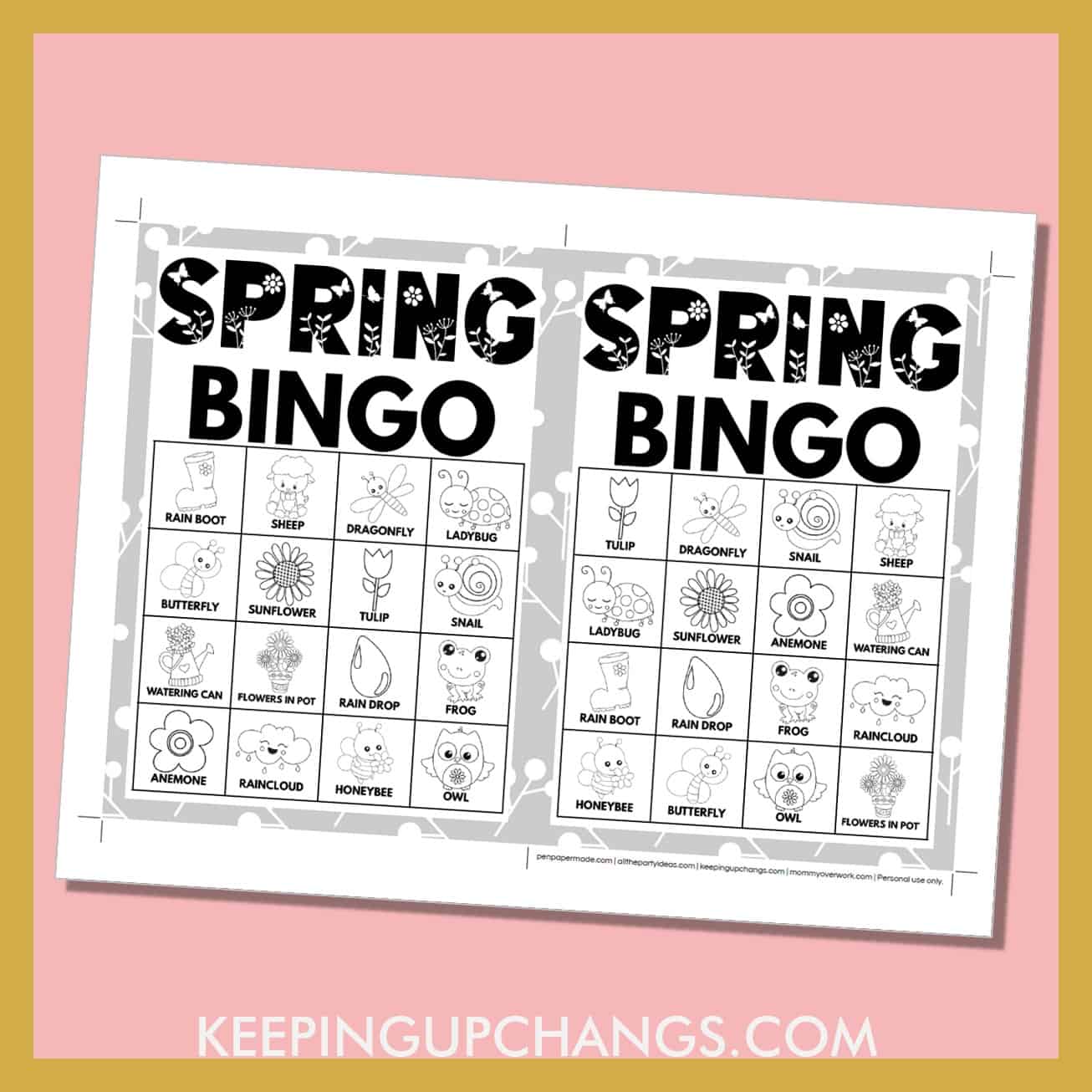 free spring bingo card 4x4 5x7 game boards with black, white images and text words.