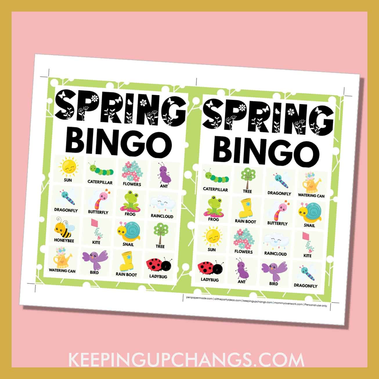 free spring bingo card 4x4 5x7 game boards with images and text words.