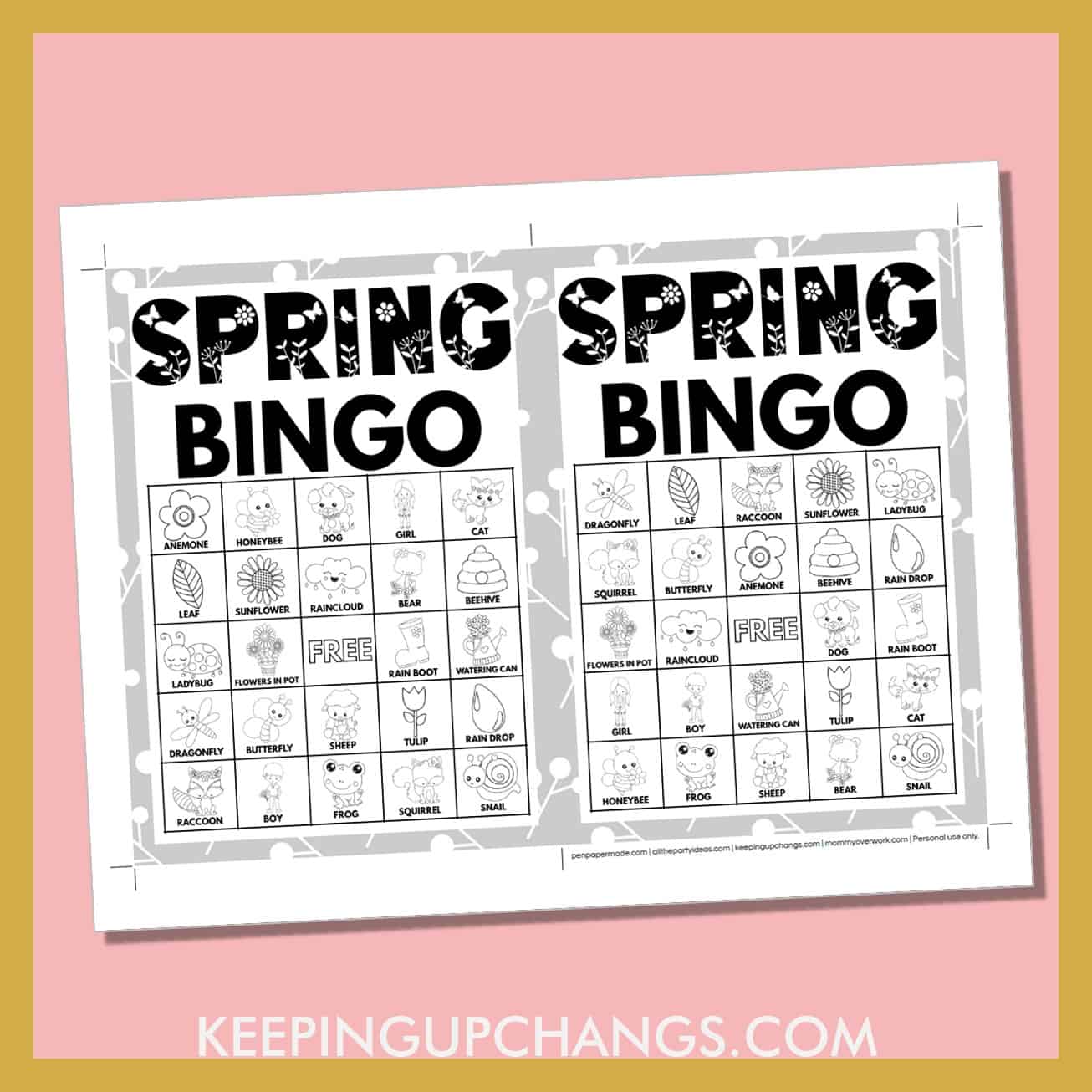 free spring bingo card 5x5 5x7 game boards with black, white images and text words.