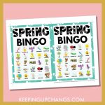 free spring bingo card 5x5 5x7 game boards with images and text words.