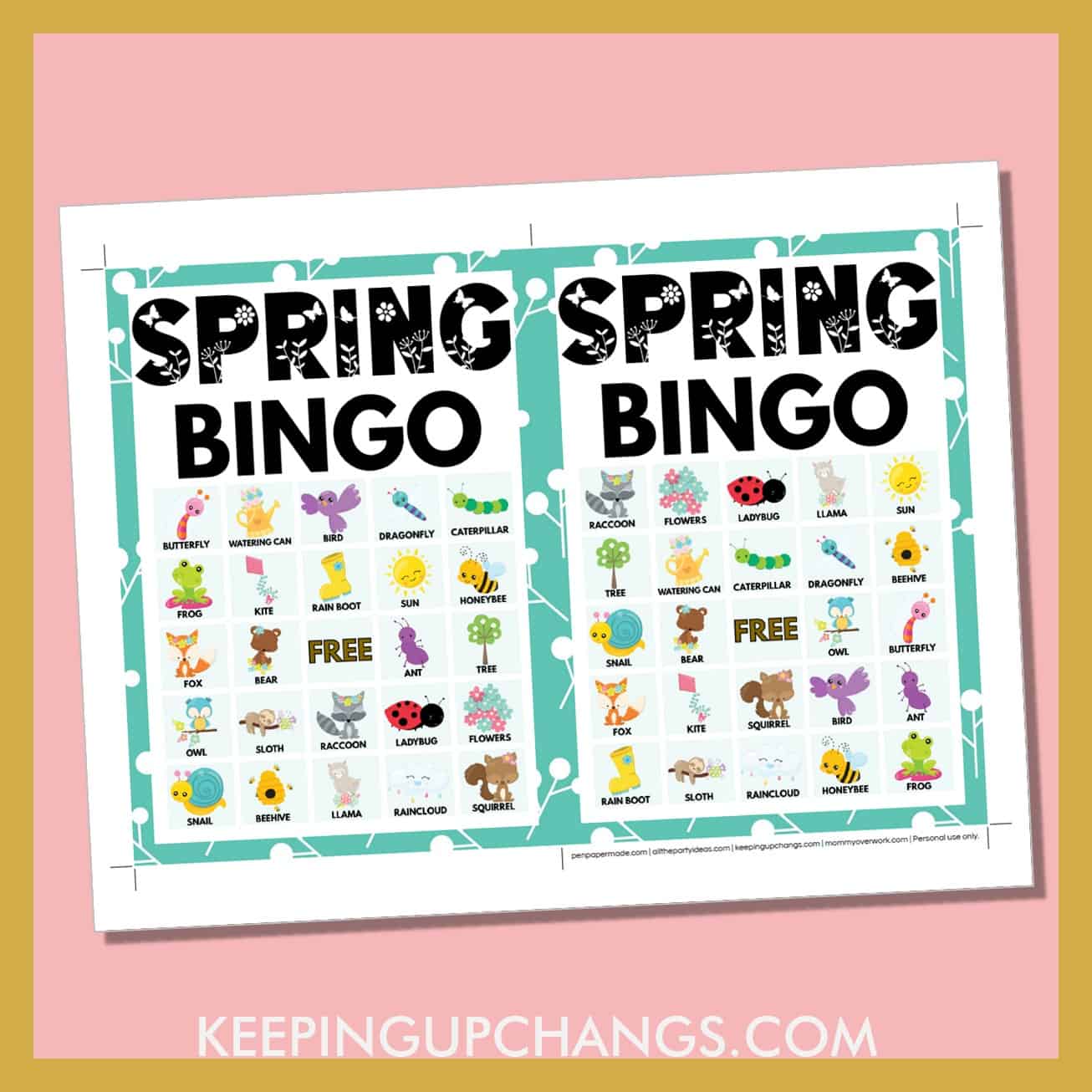 free spring bingo card 5x5 5x7 game boards with images and text words.