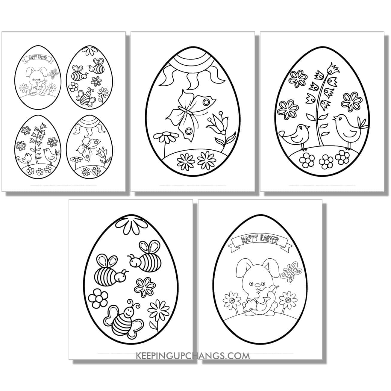free large, medium easter egg with bunny, bees, birds, butterfly coloring page, sheet.