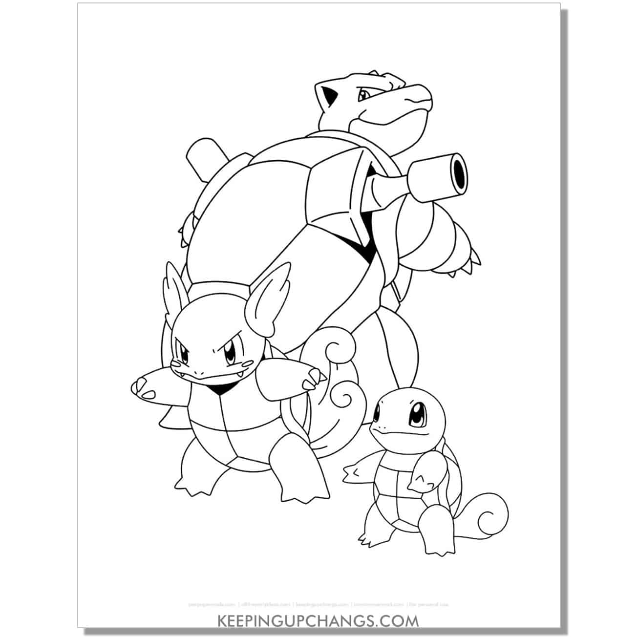 squirtle, wartortle, blastoise pokemon coloring page, sheet.