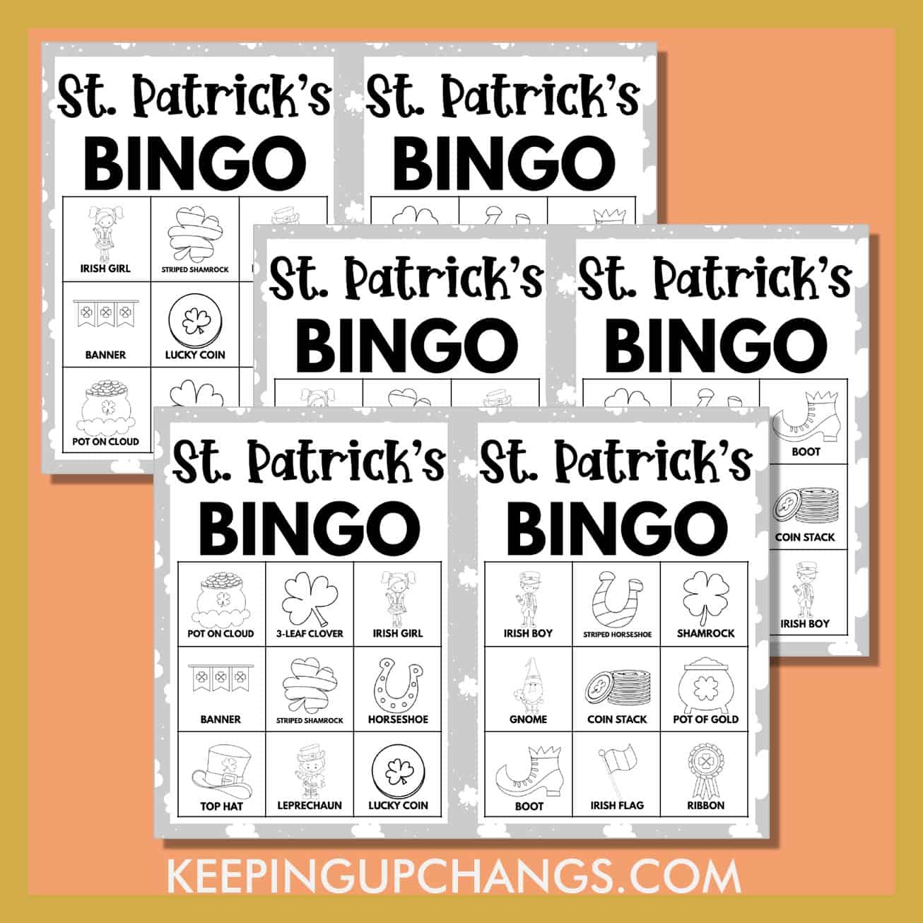 free st patrick's day bingo 3x3 black white coloring game cards.