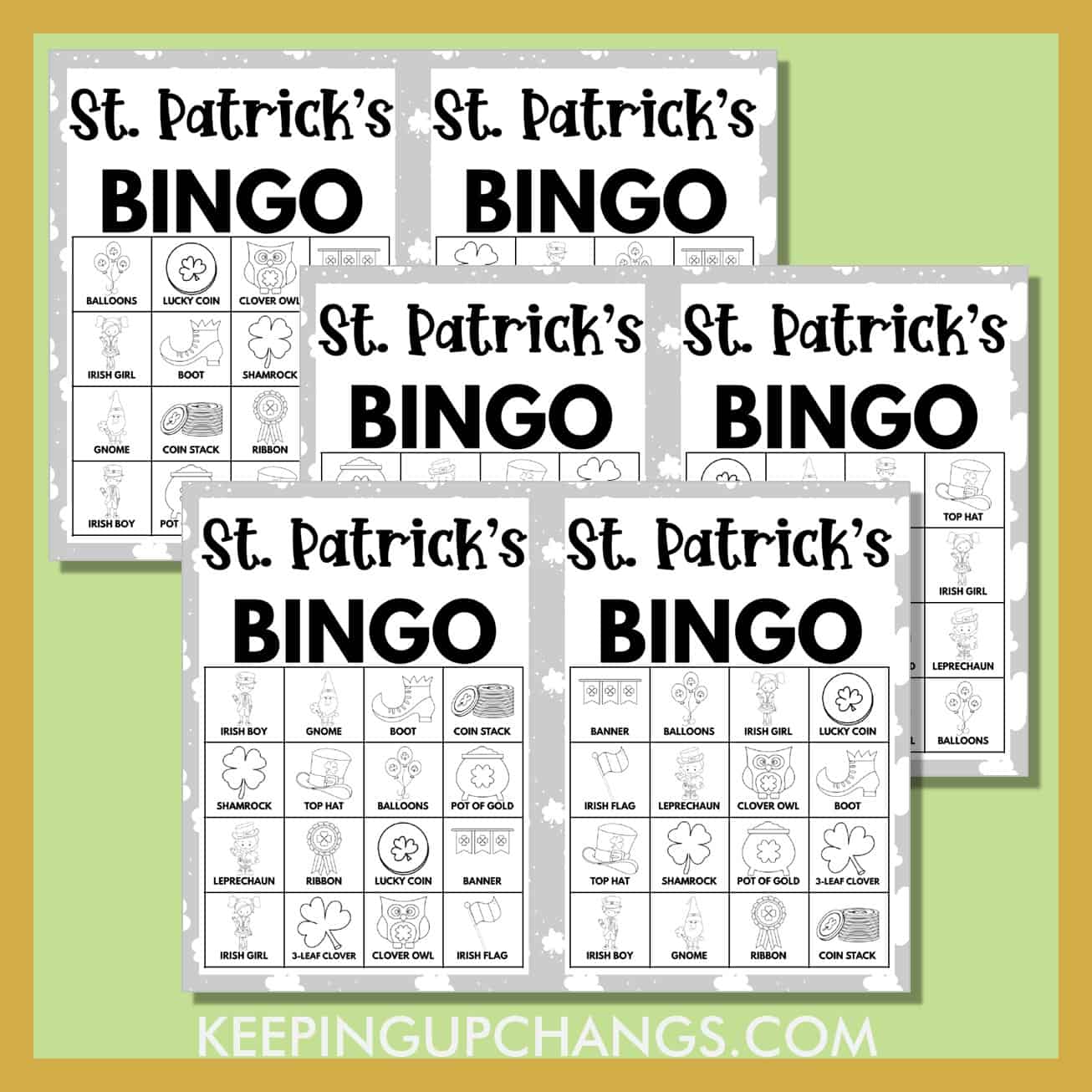 free st patrick's day bingo 4x4 black white coloring game cards.