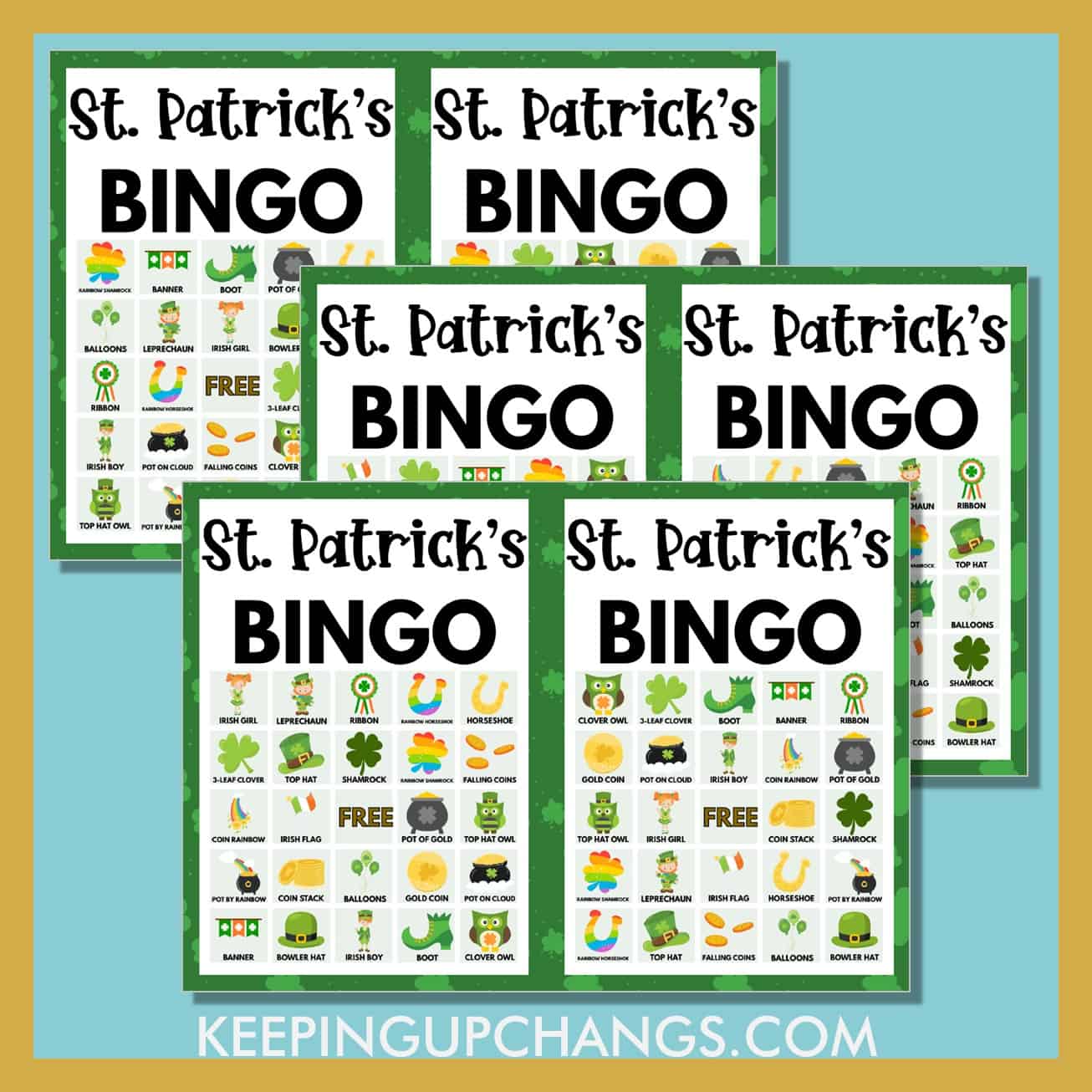 free st patrick's day bingo 5x5 game cards.