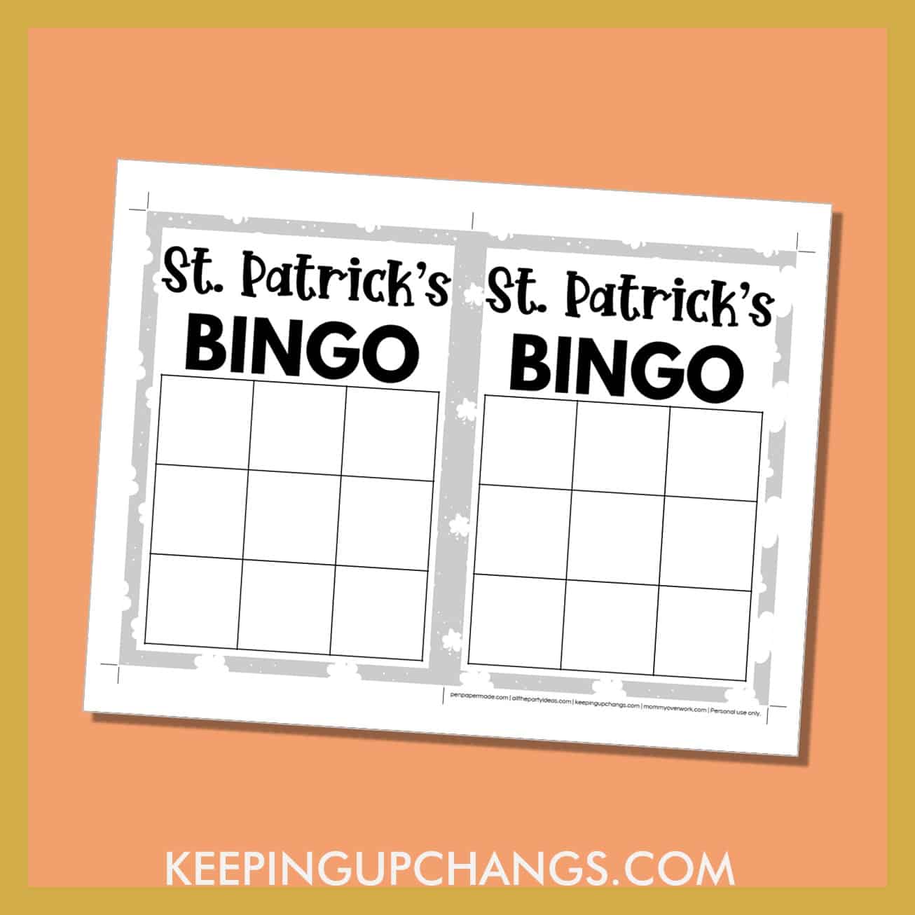 free st patrick's day bingo 3x3 grid black white game board blank template.