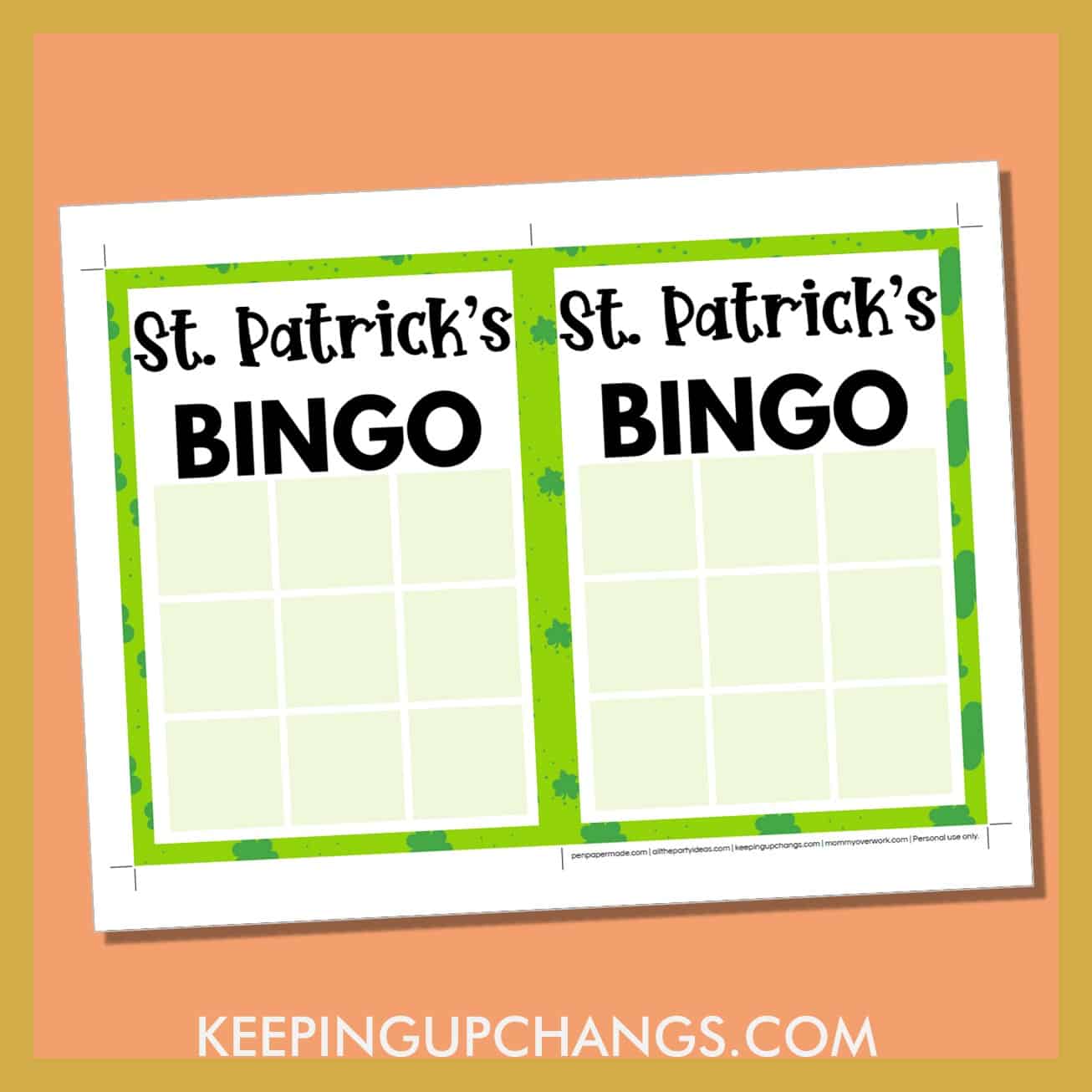 free st patrick's day bingo 3x3 grid game board blank template.