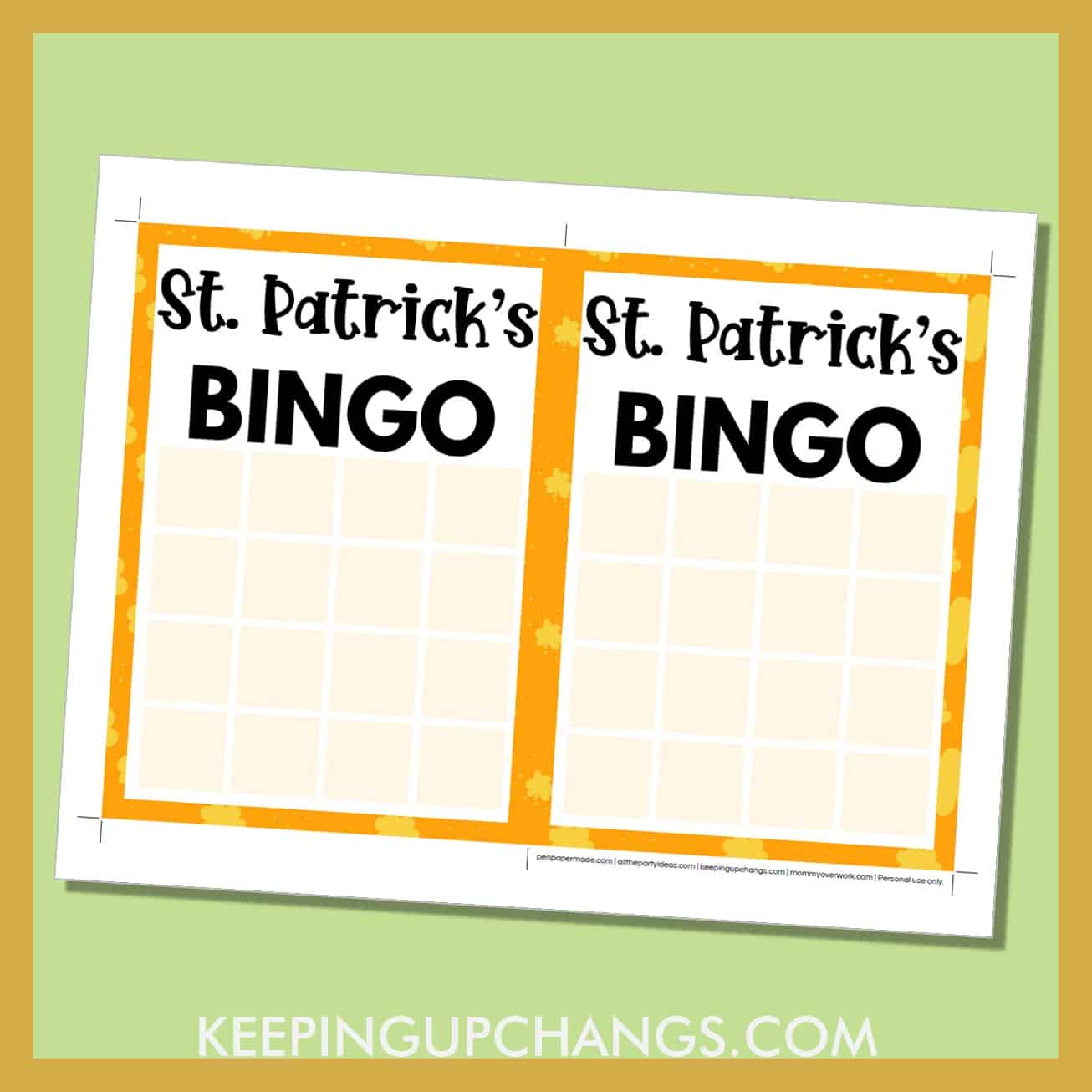 free st patrick's day bingo 4x4 grid game board blank template.