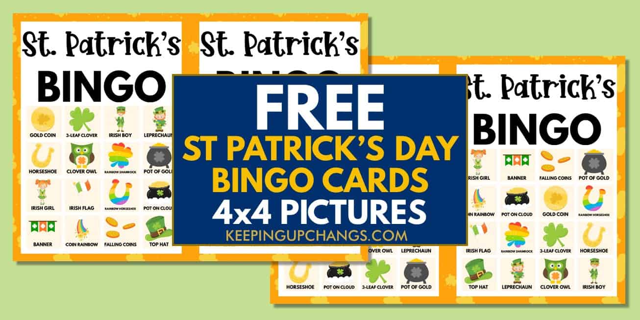 free st patrick's day bingo cards 4x4 for party, school, group.