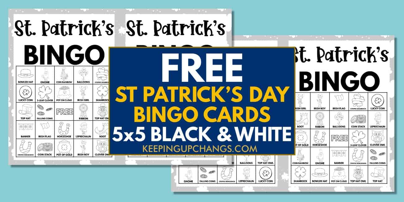 free st patrick's day bingo cards 5x5 black white coloring for party, school, group.