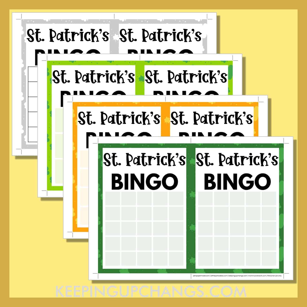free blank st patrick's day bingo card printable templates in 3x3, 4x4 and 5x5 grids.