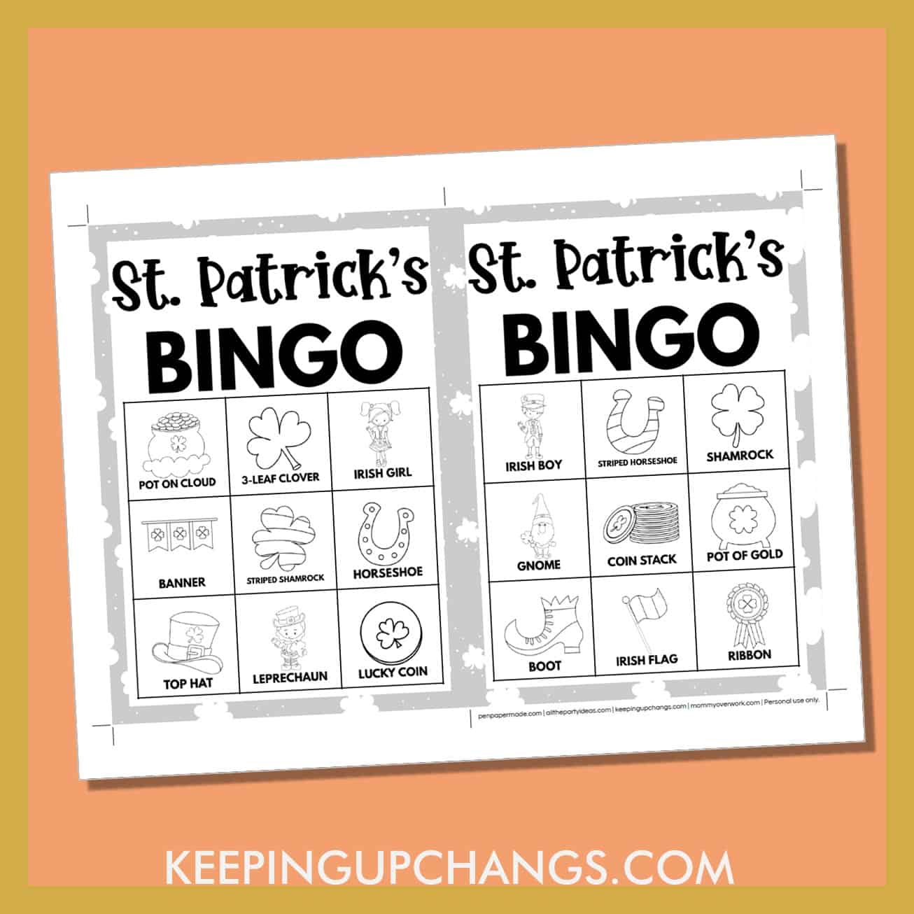 free st patrick's day bingo card 3x3 5x7 black white coloring game boards with images and text words.