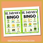 free st patrick's day bingo card 3x3 5x7 game boards with images and text words.