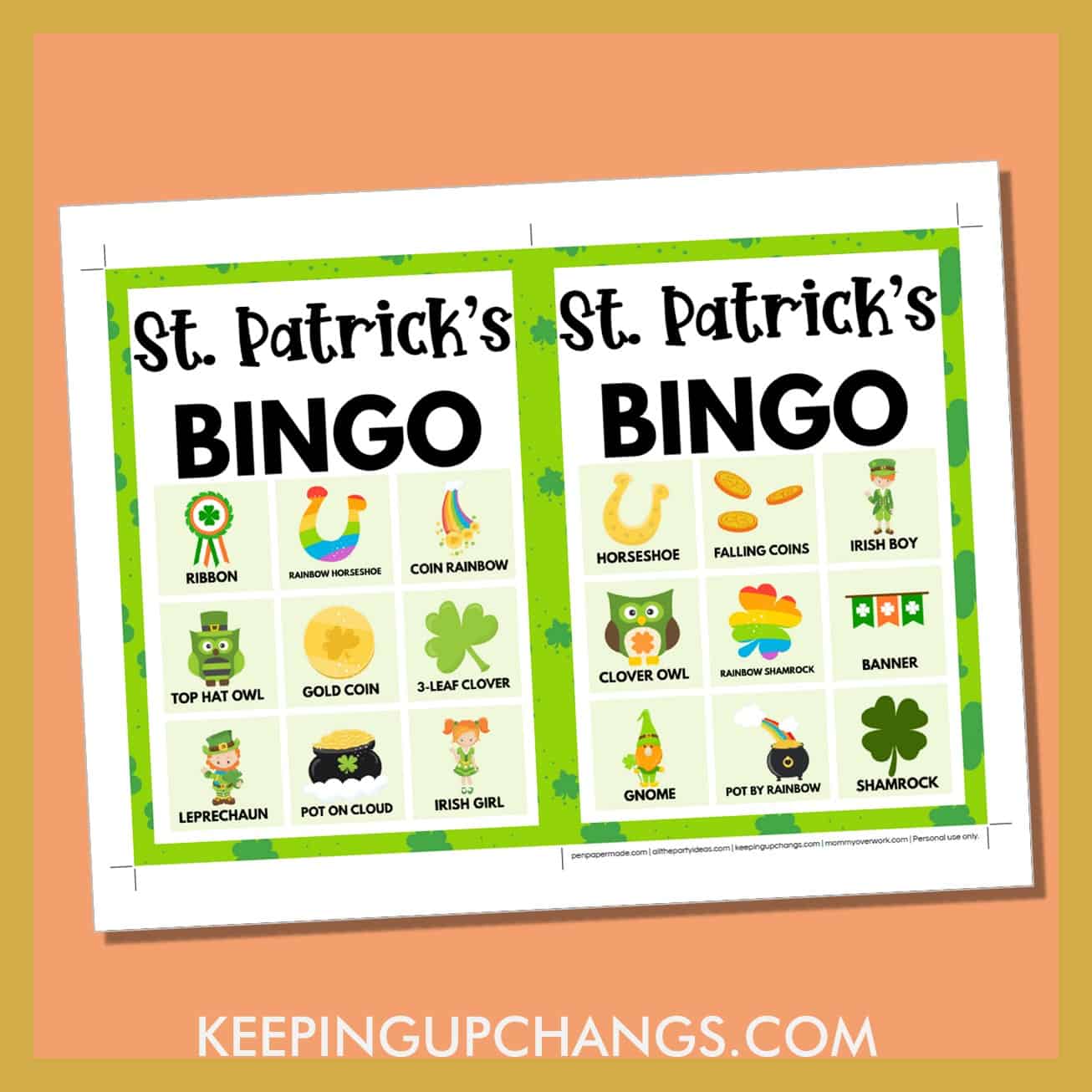free st patrick's day bingo card 3x3 5x7 game boards with images and text words.