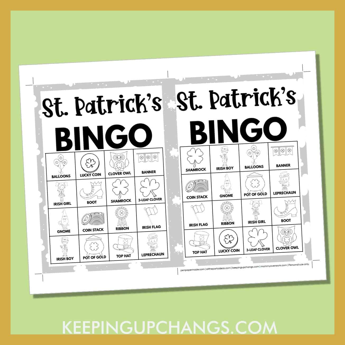 free st patrick's day bingo card 4x4 5x7 black white coloring game boards with images and text words.