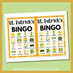 free st patrick's day bingo card 4x4 5x7 game boards with images and text words.
