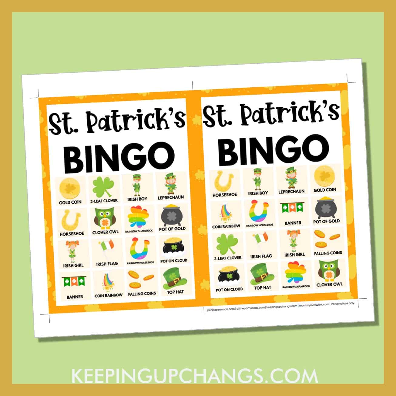 free st patrick's day bingo card 4x4 5x7 game boards with images and text words.