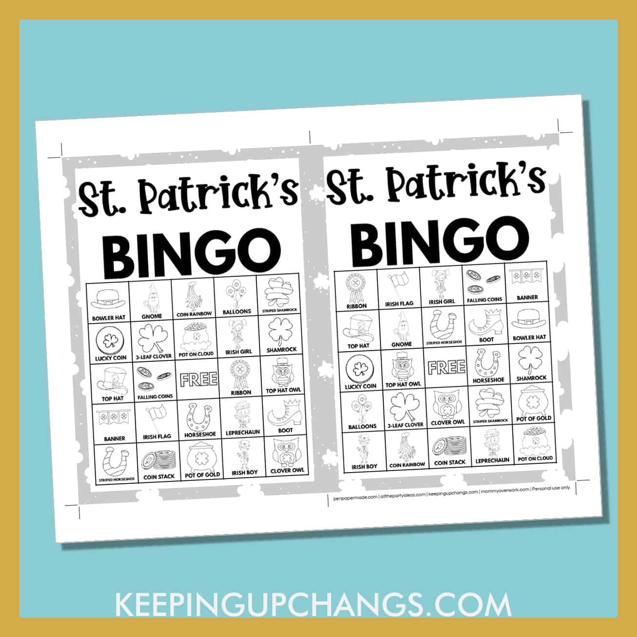 free st patrick's day bingo card 5x5 5x7 black white coloring game boards with images and text words.