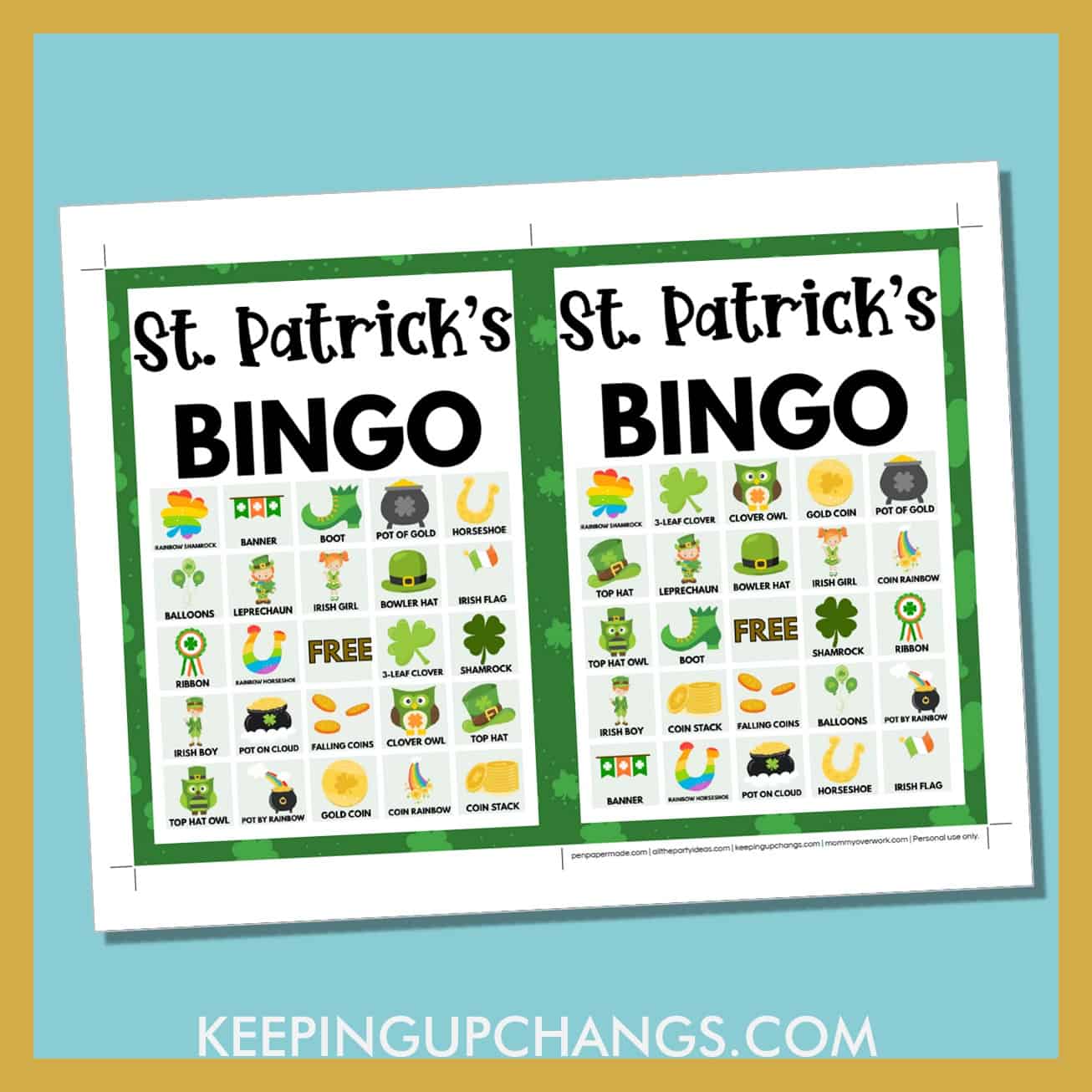 free st patrick's day bingo card 5x5 5x7 game boards with images and text words.