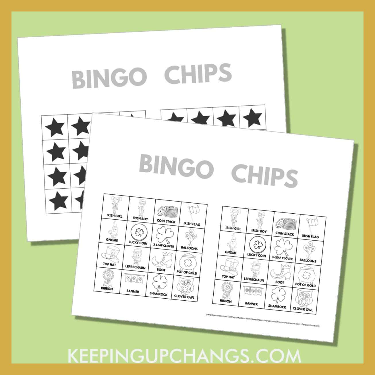 free st patrick's day bingo card 4x4 black white coloring game chips, tokens, markers.