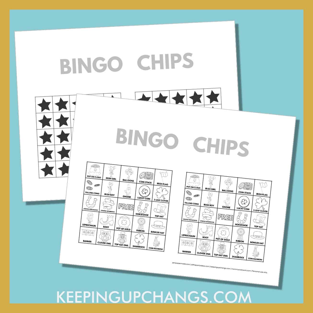 free st patrick's day bingo card 5x5 black white coloring game chips, tokens, markers.