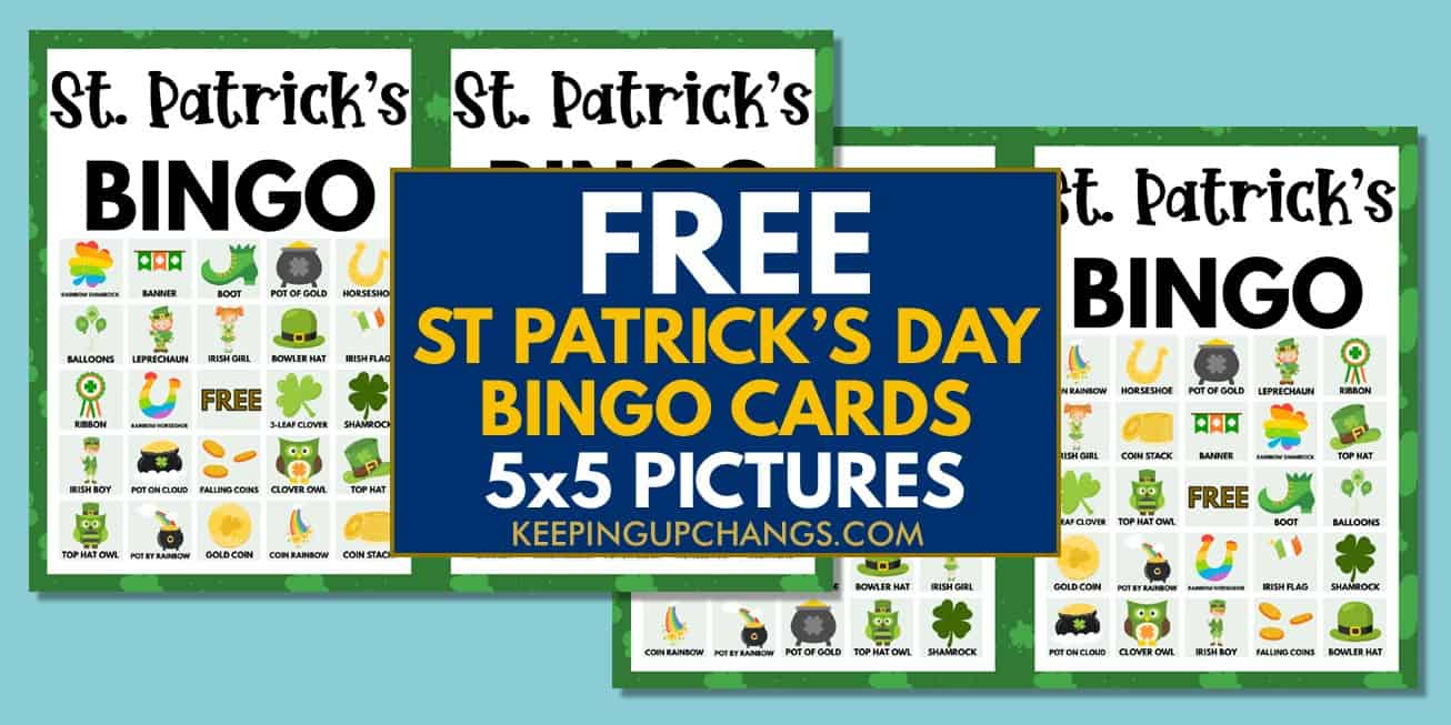 free st patrick's day bingo cards 5x5 for party, school, group.