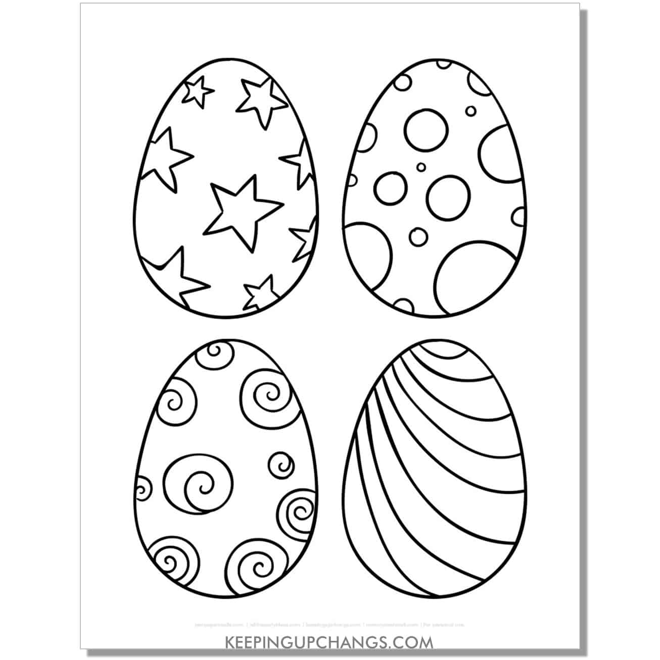 free medium easter eggs with stars, spots, swirls, stripes coloring page, sheet.