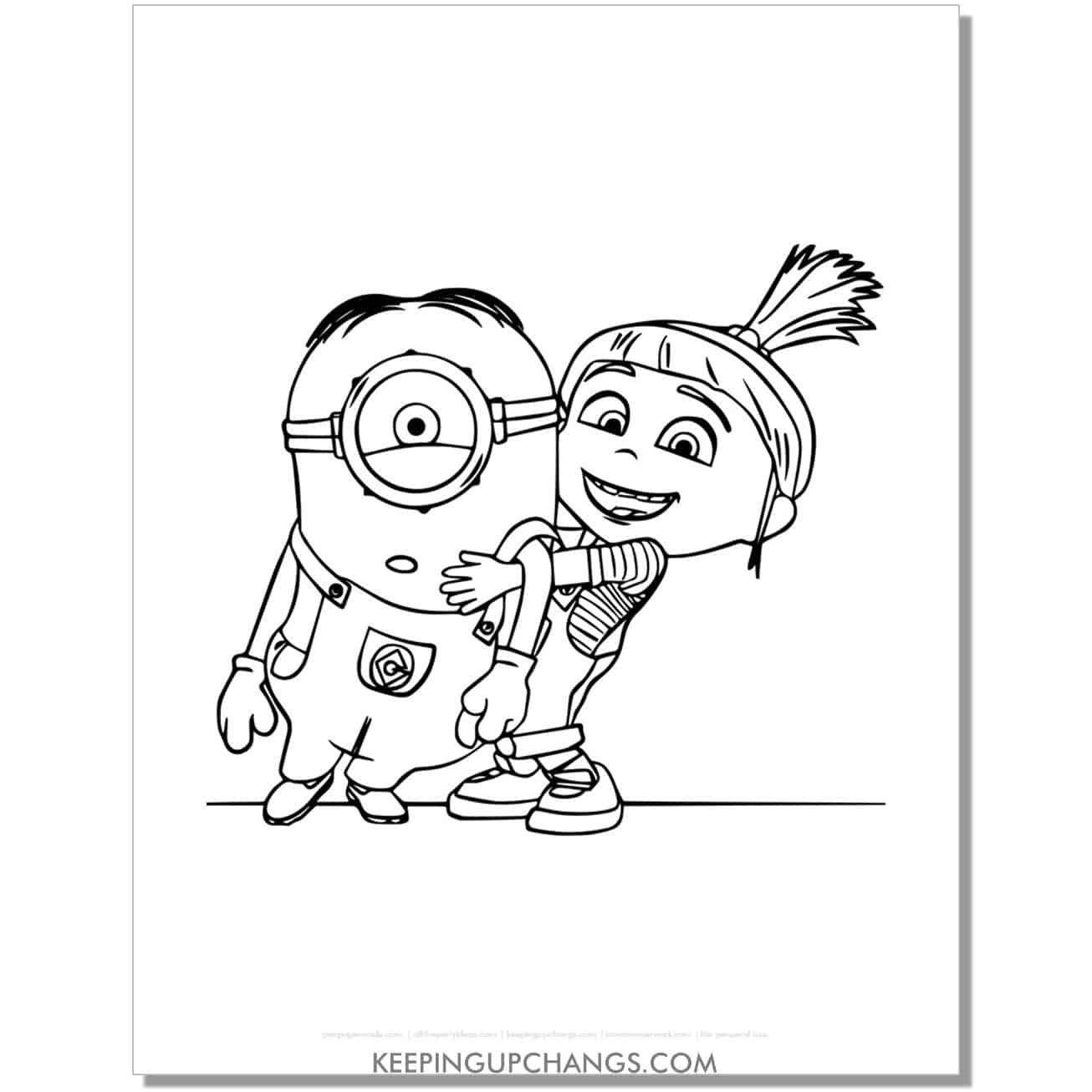 free agnes hugging one eyed minion with combover coloring page, sheet.
