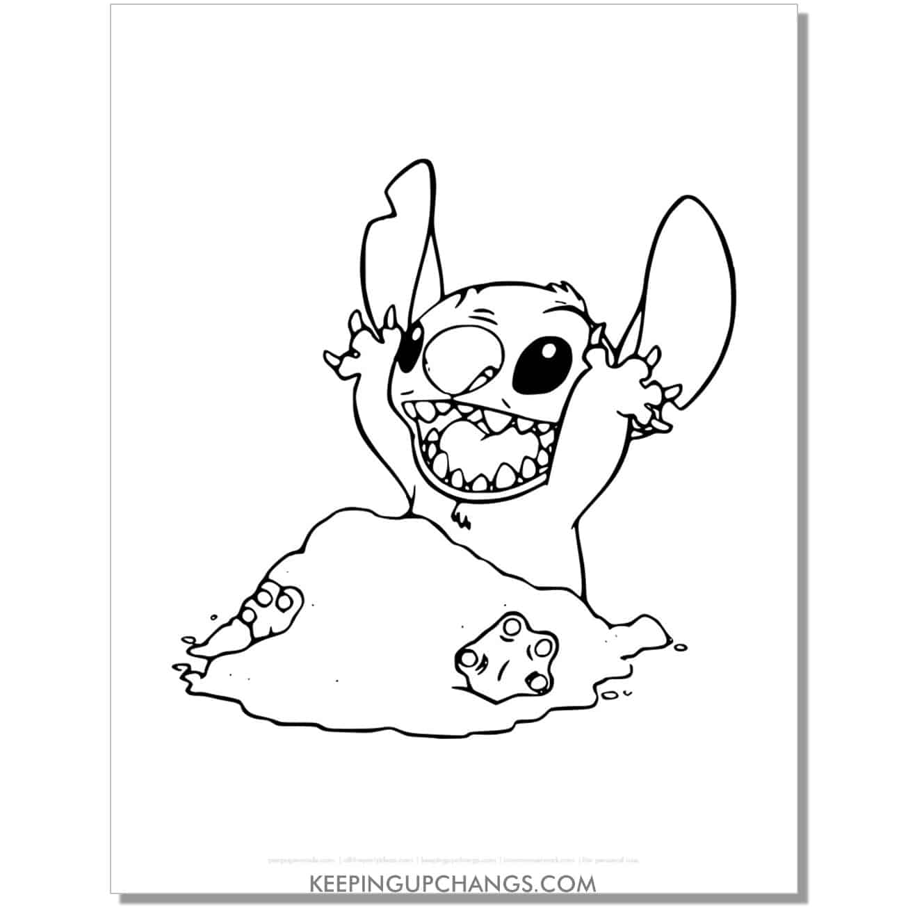 free stitch happy buried under beach sand coloring page.