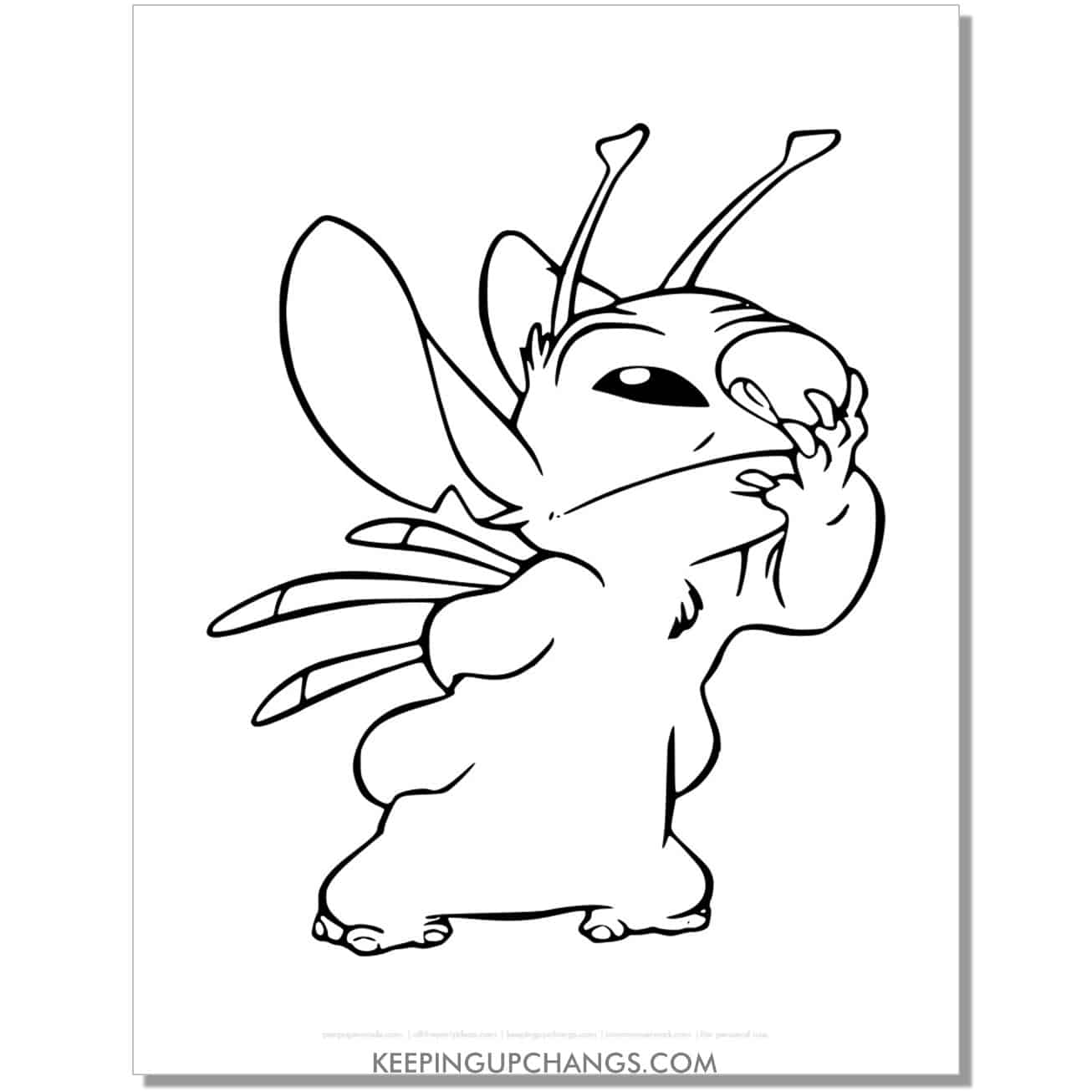 free stitch with hand on mouth in thinking position coloring page.