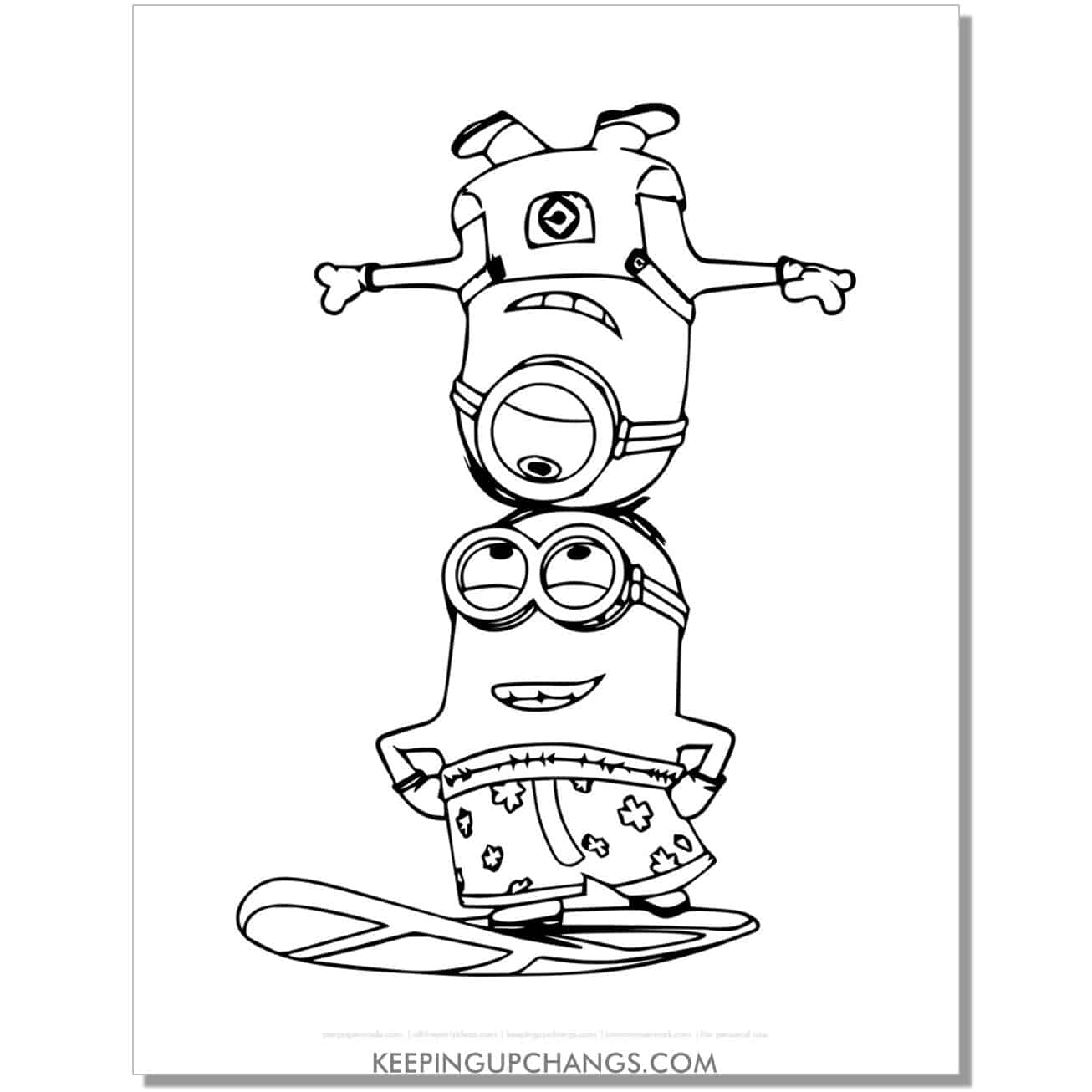 free one minion balancing on other minion's head coloring page, sheet.