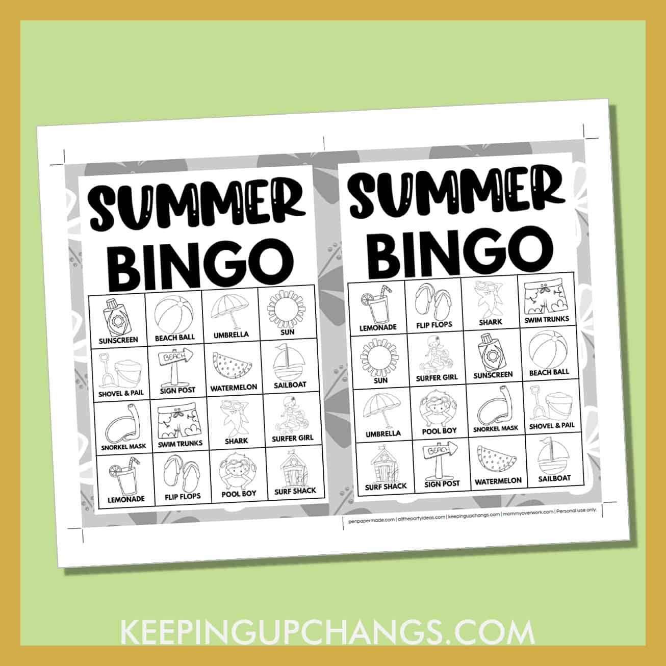 free summer beach bingo card 4x4 5x7 game boards with black white images and text words.