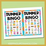 free summer beach bingo card 5x5 5x7 game boards with images and text words.
