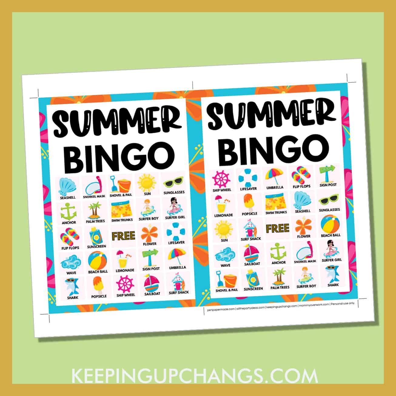 free summer beach bingo card 5x5 5x7 game boards with images and text words.