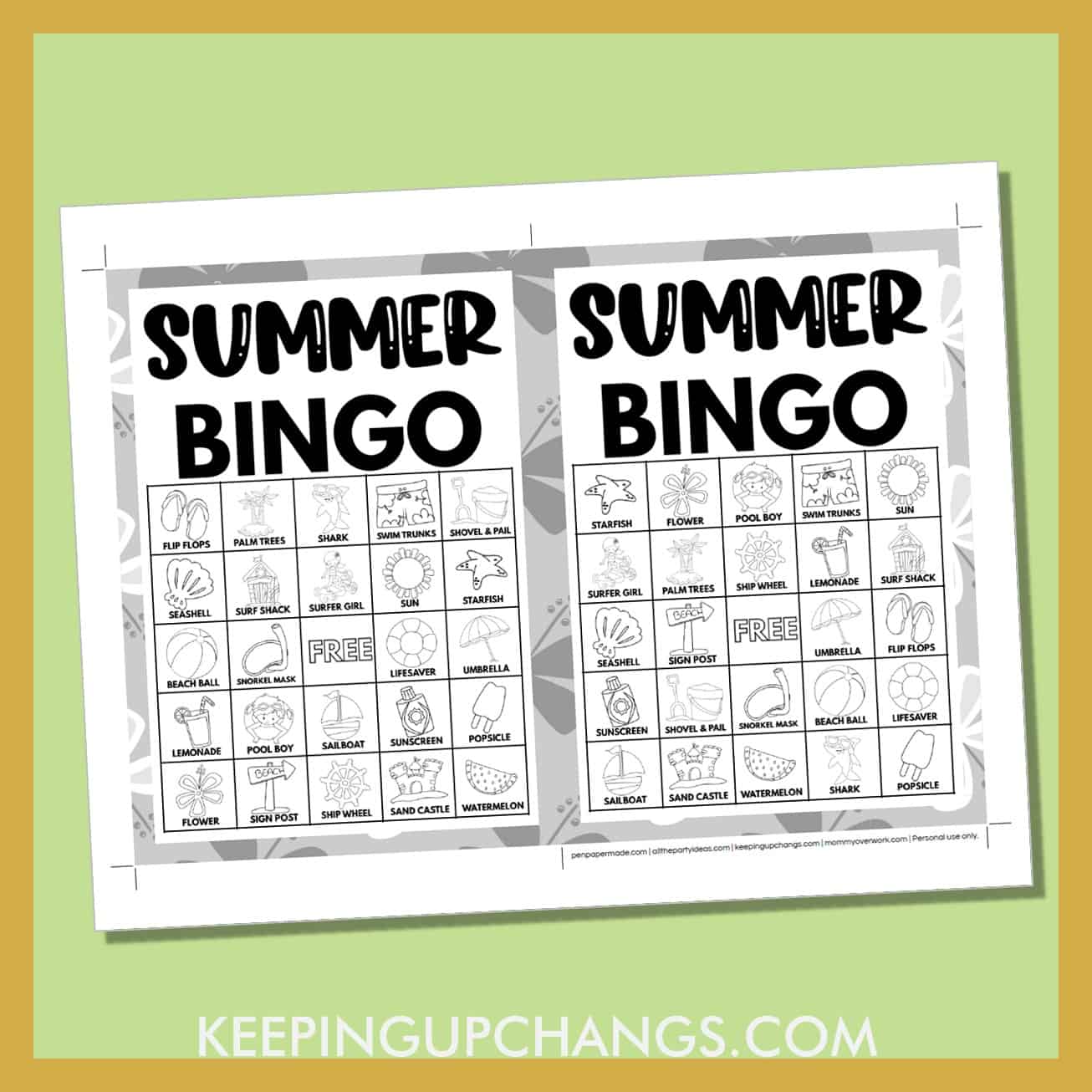 free summer beach bingo card 5x5 5x7 game boards with black white images and text words.