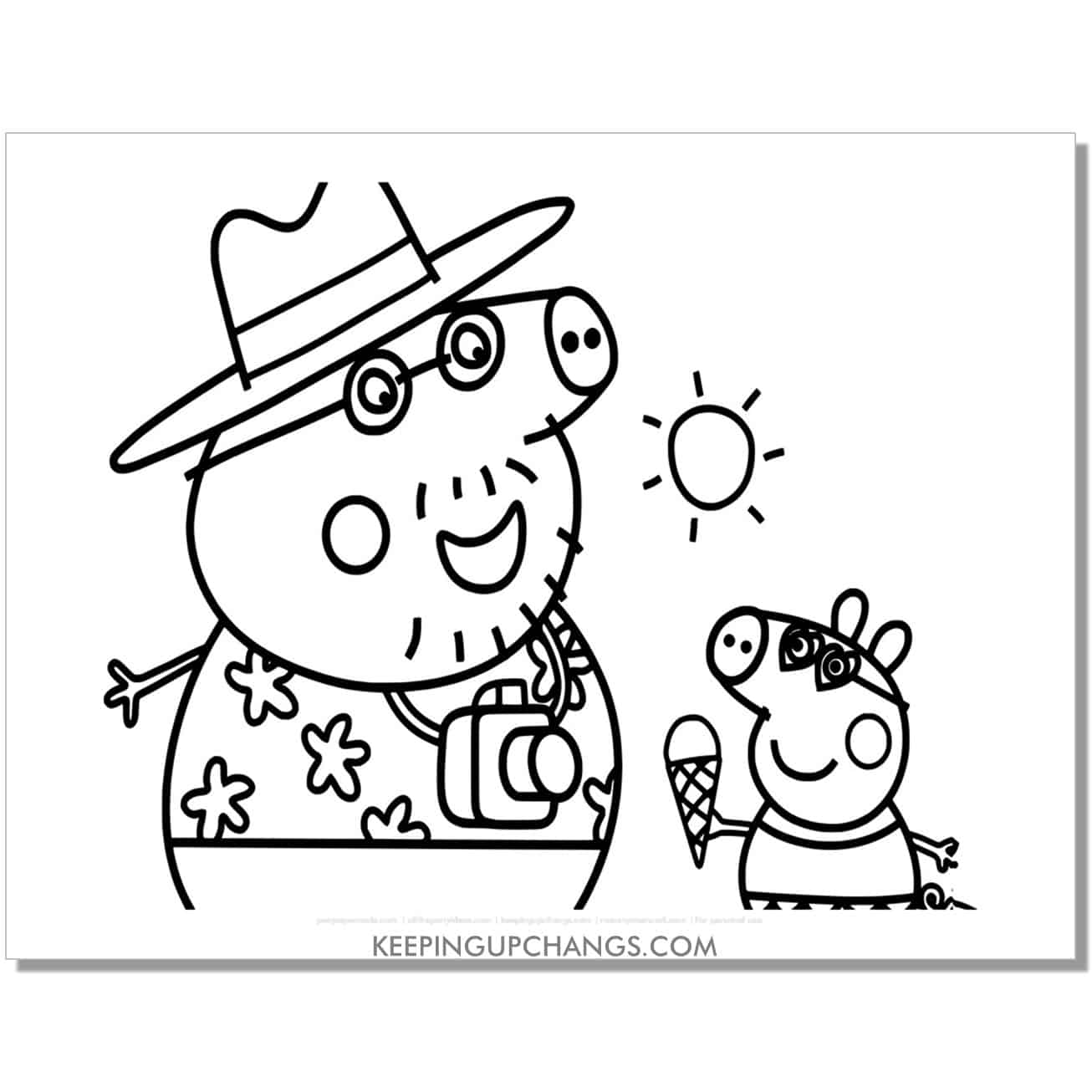 free daddy pig in tourist aloha shirt and peppa pig with ice cream coloring page, sheet.