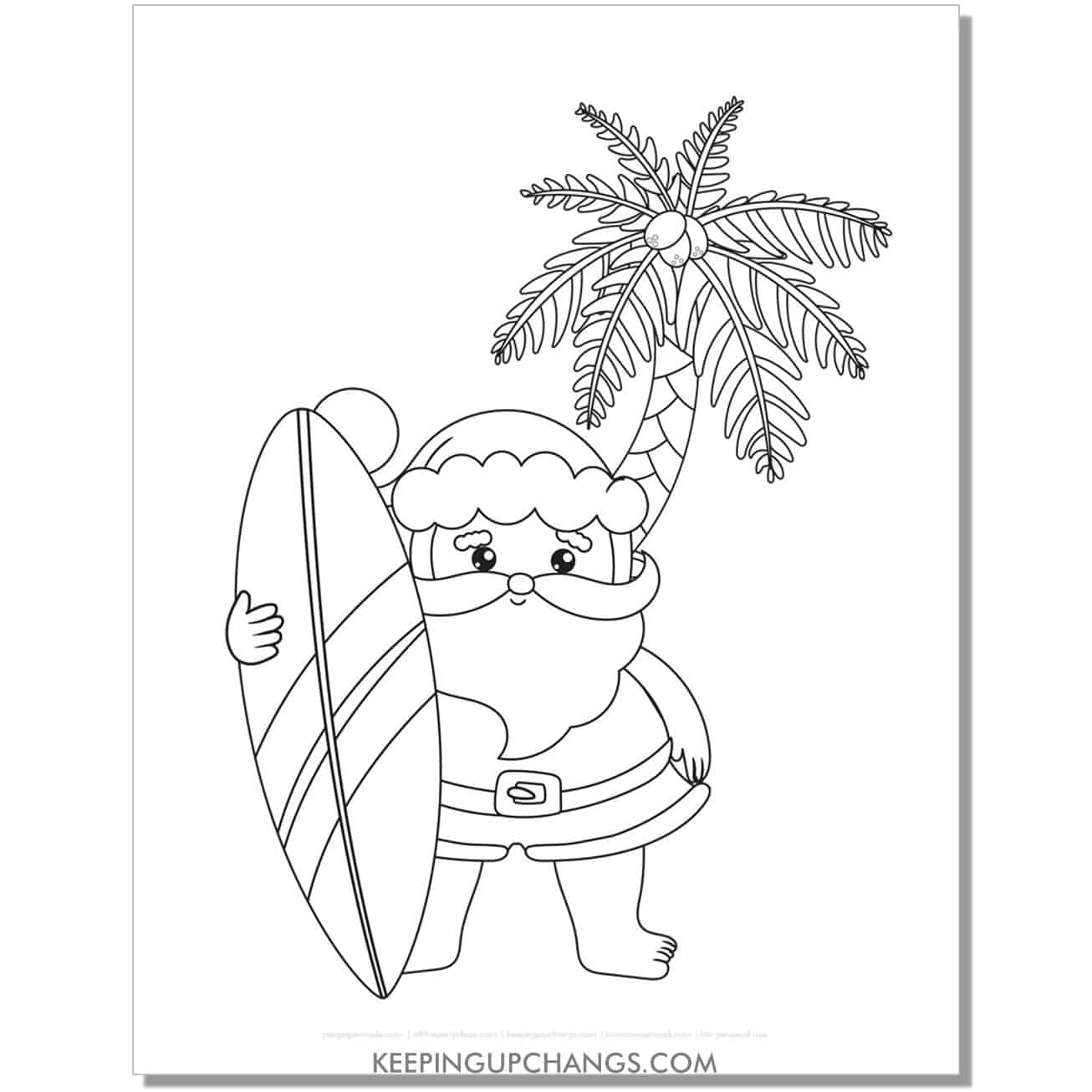 free summer santa with surfboard, palm tree christmas in july coloring page.