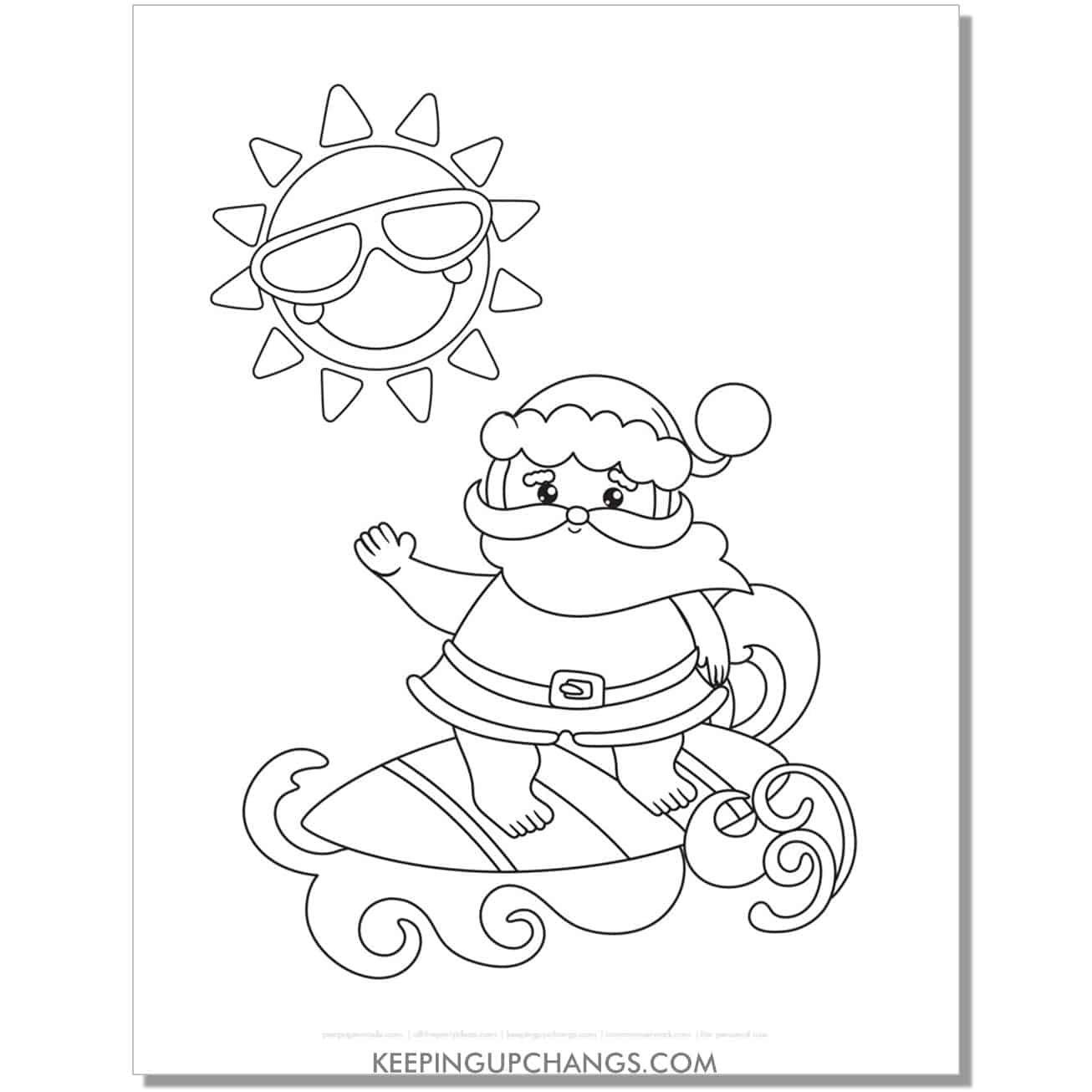 free summer santa surfing wave christmas in july coloring page.