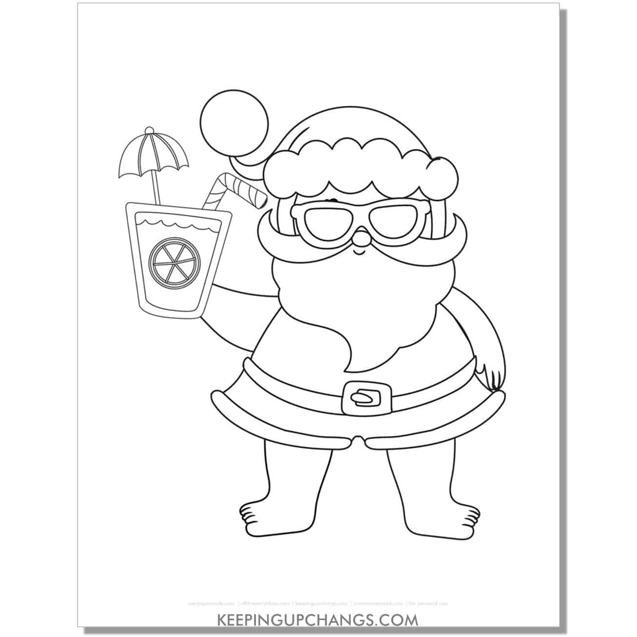 free summer santa in bathing suit christmas in july coloring page.