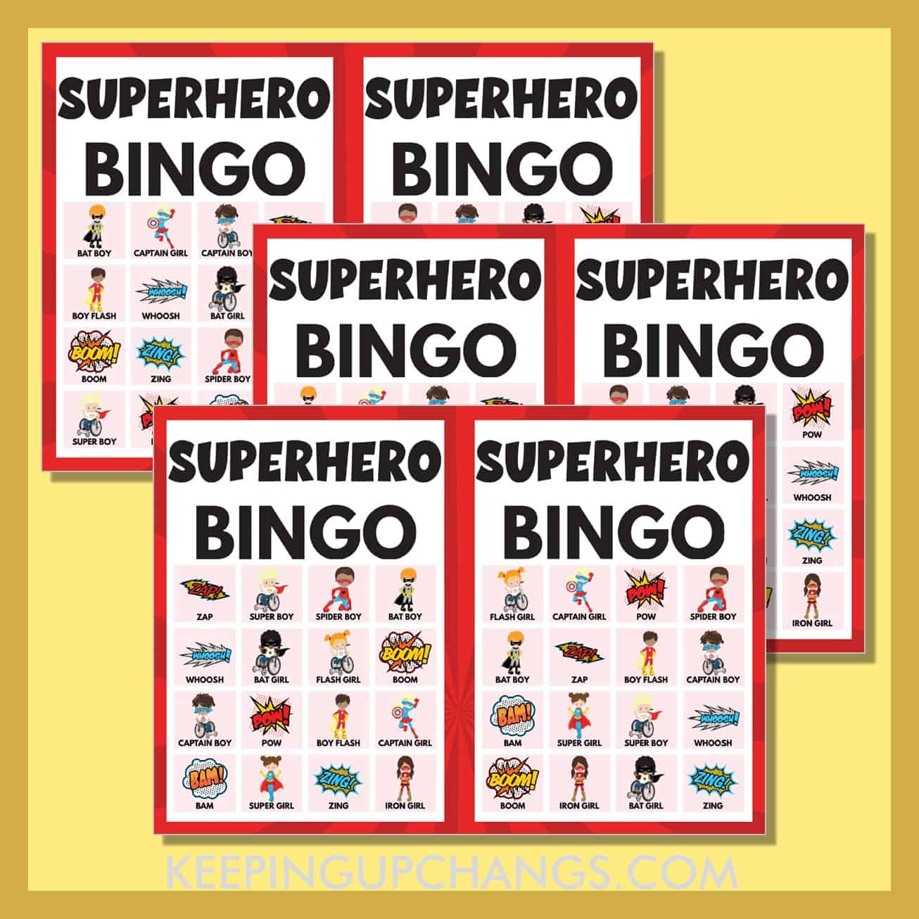 free superhero bingo 4x4 game cards.